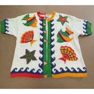 Vintage Rare Marisa Christina Size Large S/S Hand Knit Sea Life Cardigan Sweater